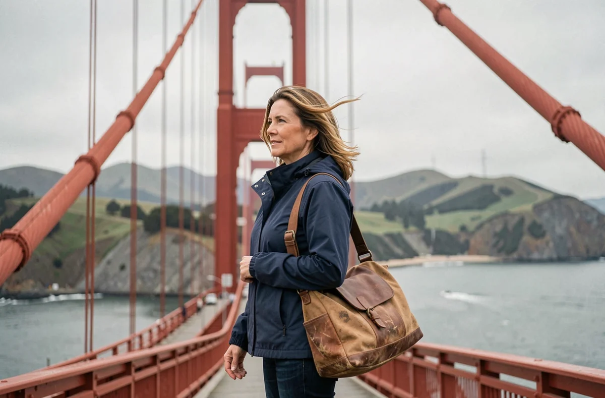 Femme voyageuse sur le Golden Gate Bridge à San Francisco lors d'un circuit Ouest américain depuis Los Angeles