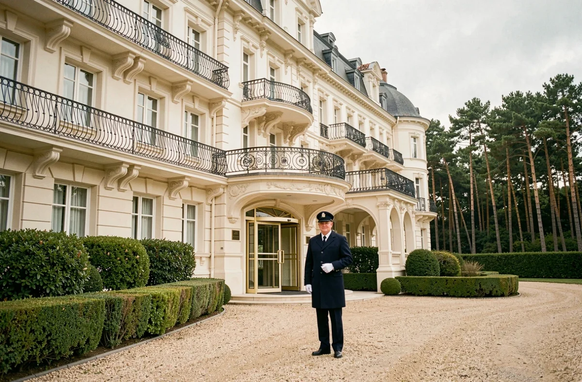 Façade Belle Époque du Grand Hôtel du Touquet avec son portier en uniforme et son allée en gravier