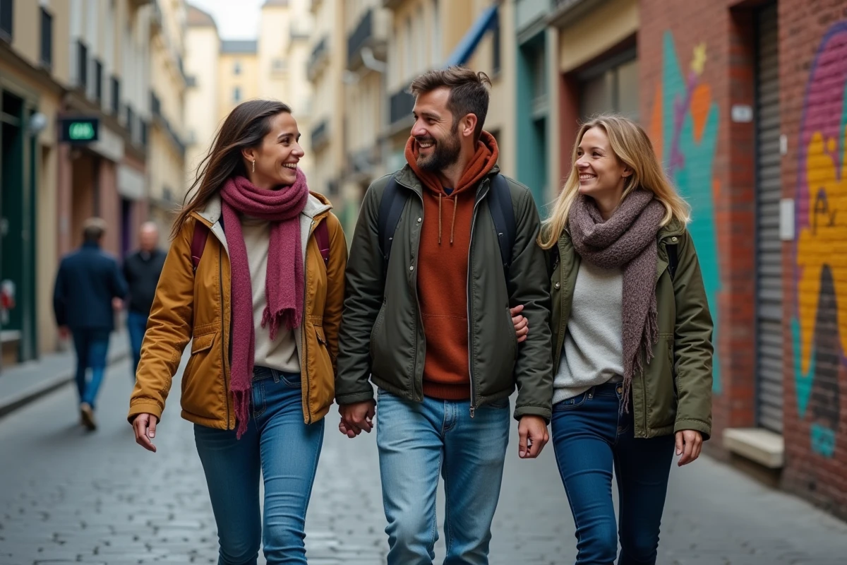 Groupe d'amis marchant et riant dans le quartier du Marais à Paris, découvrant la ville à pied ensemble