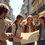 Groupe d'amis avec sacs à dos regardant une carte en ville