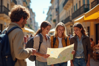 Groupe d'amis avec sacs à dos regardant une carte en ville