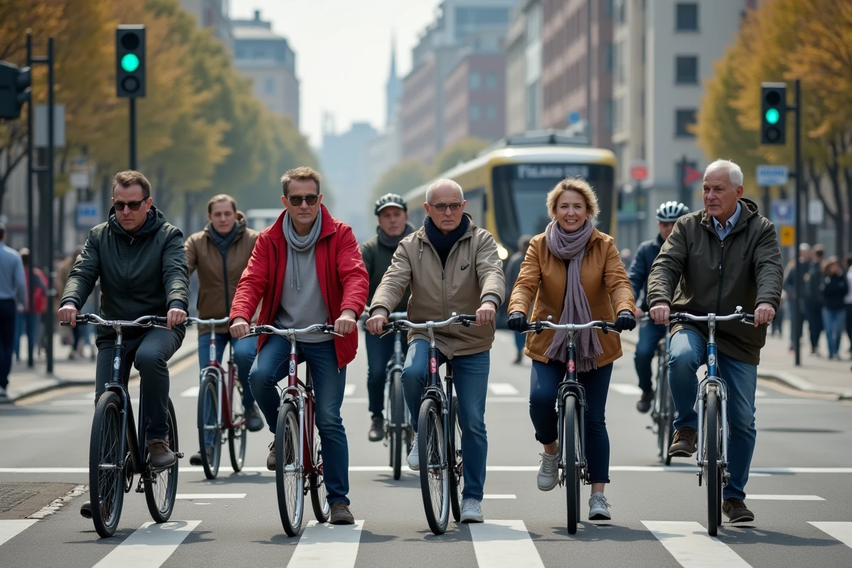 Groupe de cyclistes urbains à un rond-point animé