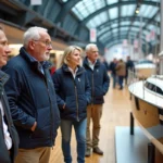 Visiteurs admirant un voilier élégant lors d'un salon nautique