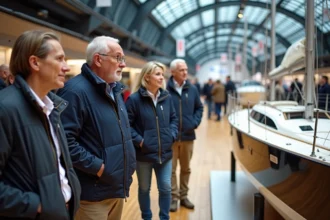 Visiteurs admirant un voilier élégant lors d'un salon nautique