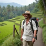 Guide souriant en riziere bali avec groupe
