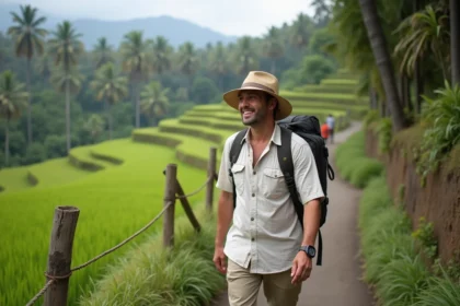 Guide souriant en riziere bali avec groupe