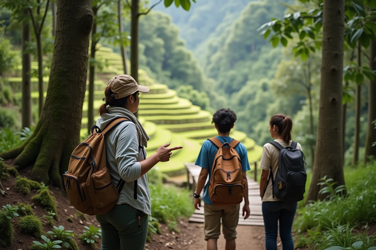 Jeune guide montrant riziere aux touristes