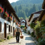 Ruelle pavée d'un hameau bavarois oublié avec maisons à colombages et géraniums rouges, homme âgé marchant avec un panier en osier