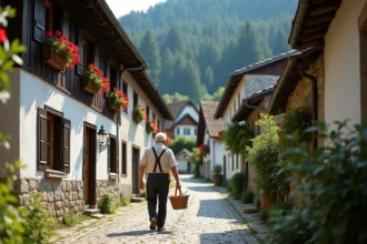 Ruelle pavée d'un hameau bavarois oublié avec maisons à colombages et géraniums rouges, homme âgé marchant avec un panier en osier