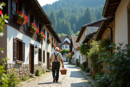 Ruelle pavée d'un hameau bavarois oublié avec maisons à colombages et géraniums rouges, homme âgé marchant avec un panier en osier