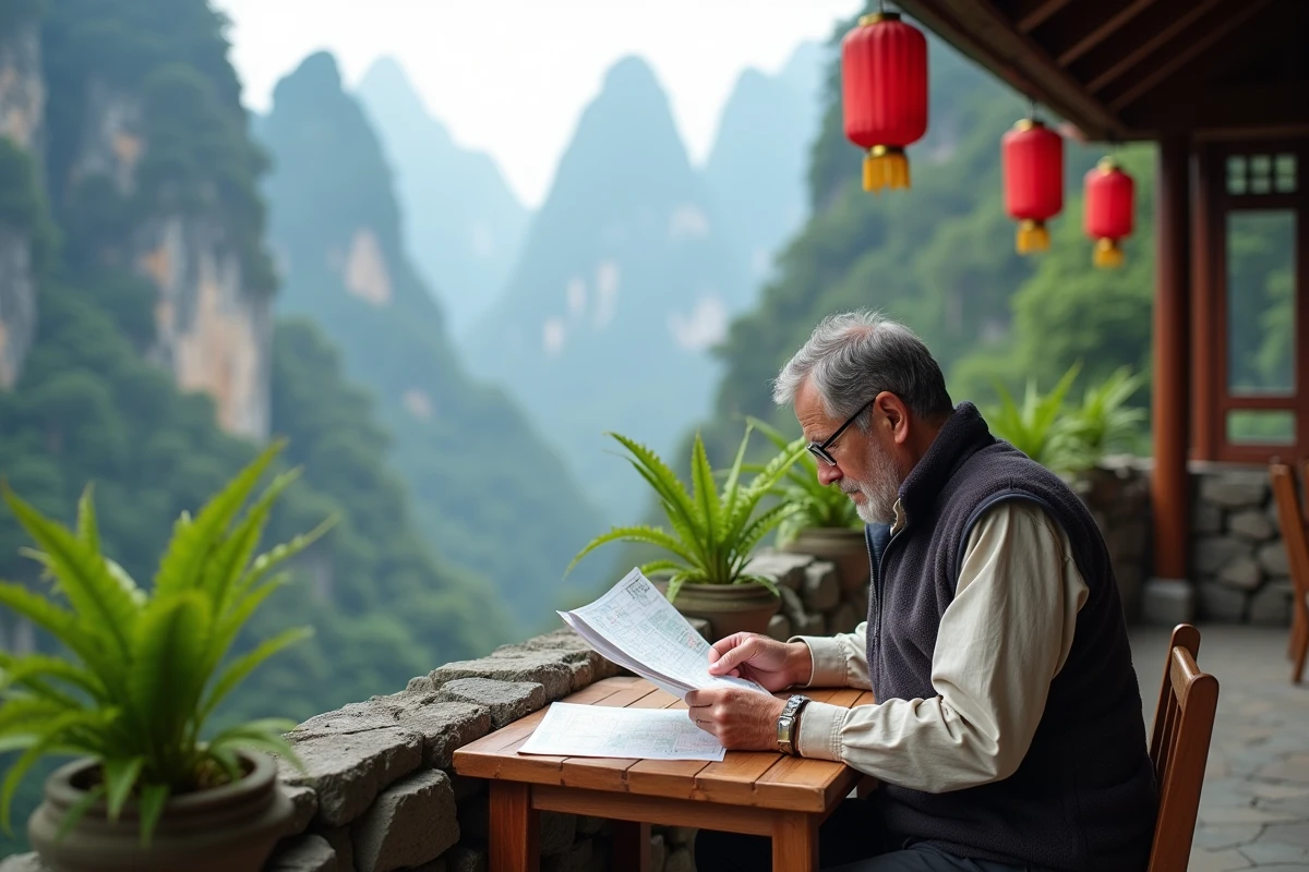 Voyageur consultant une carte sur le balcon d'un hébergement en montagne dans la zone panoramique de Tianmen, Zhangjiajie