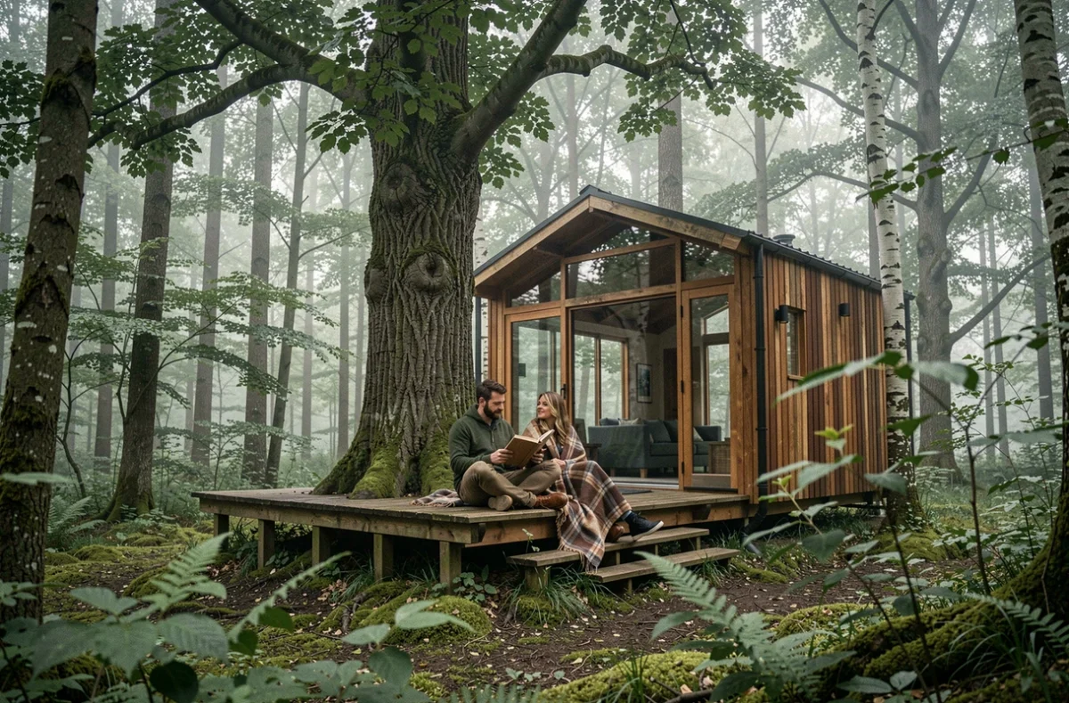 Couple se relaxant sur la terrasse d'un hébergement insolite en forêt dans le Nord entouré de chênes et hêtres