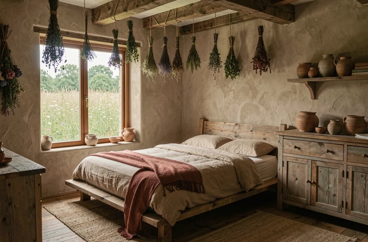 Chambre nature de Chambres d'Hôtes Herbes Folles à Steenwerck avec vue sur prairie et décoration en matériaux bruts