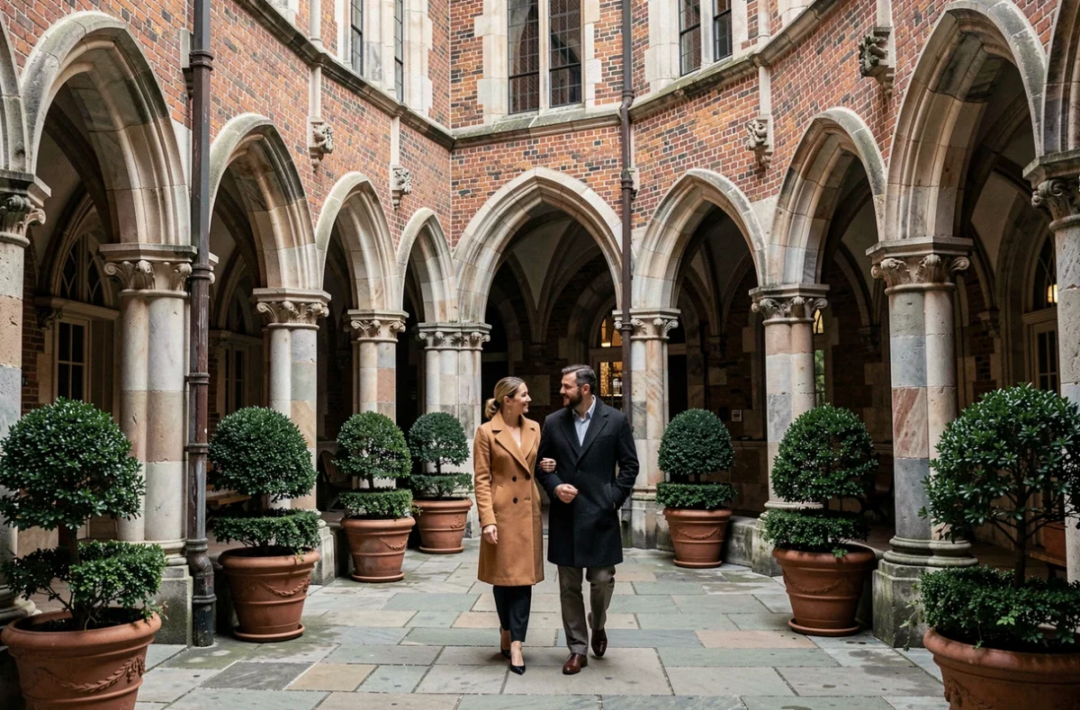 Couple se promenant dans le cloître gothique de L'Hermitage Gantois dans le Vieux-Lille