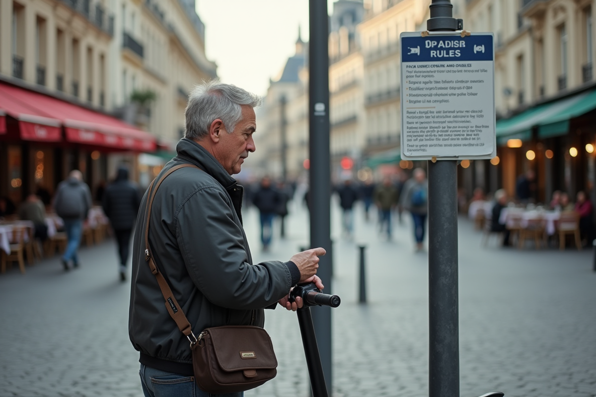 Homme lisant un avis de regles devant un scooter