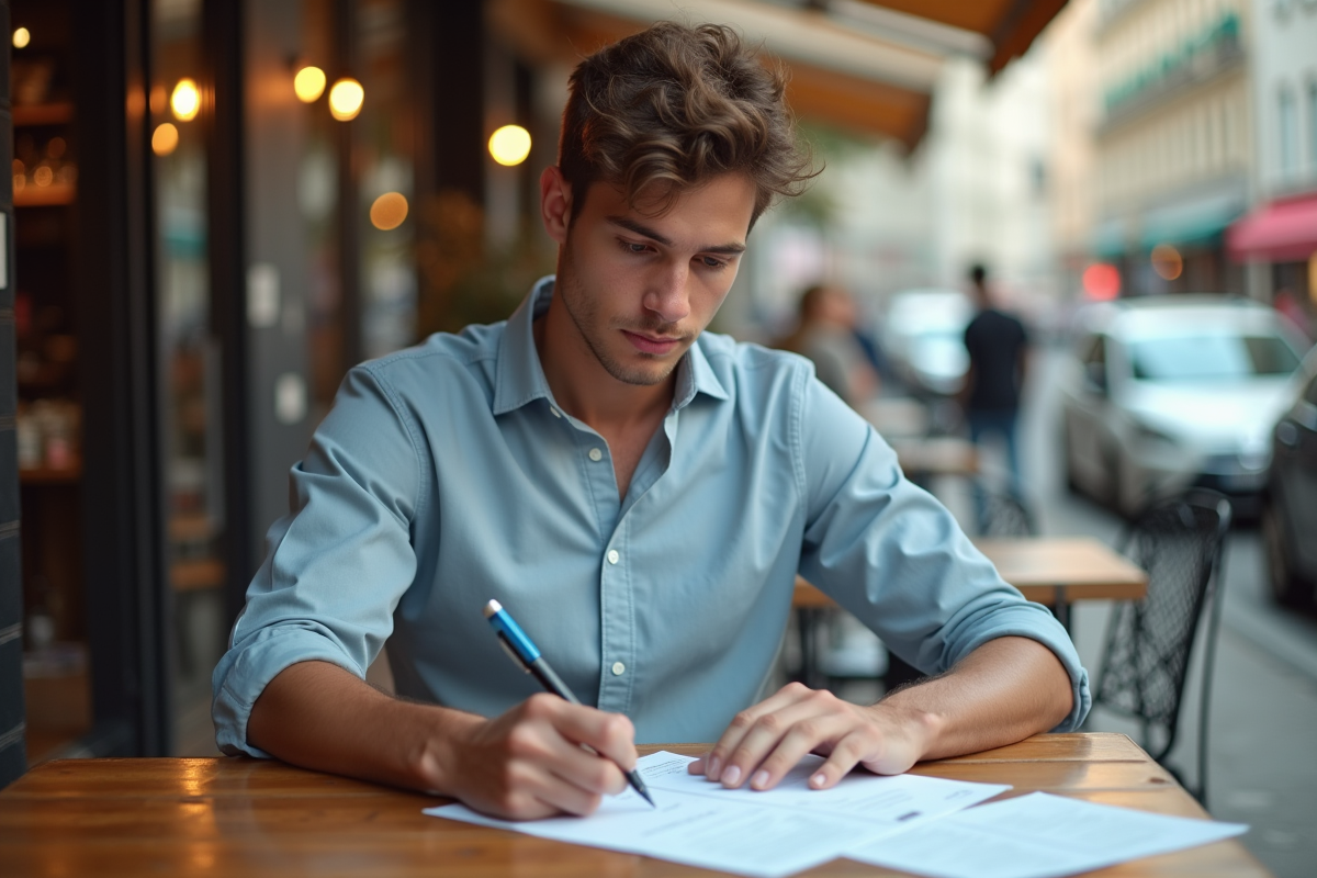 Jeune homme concentré remplissant un formulaire dans un café