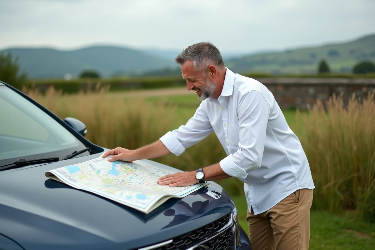 Homme découvrant une carte routière dans la nature
