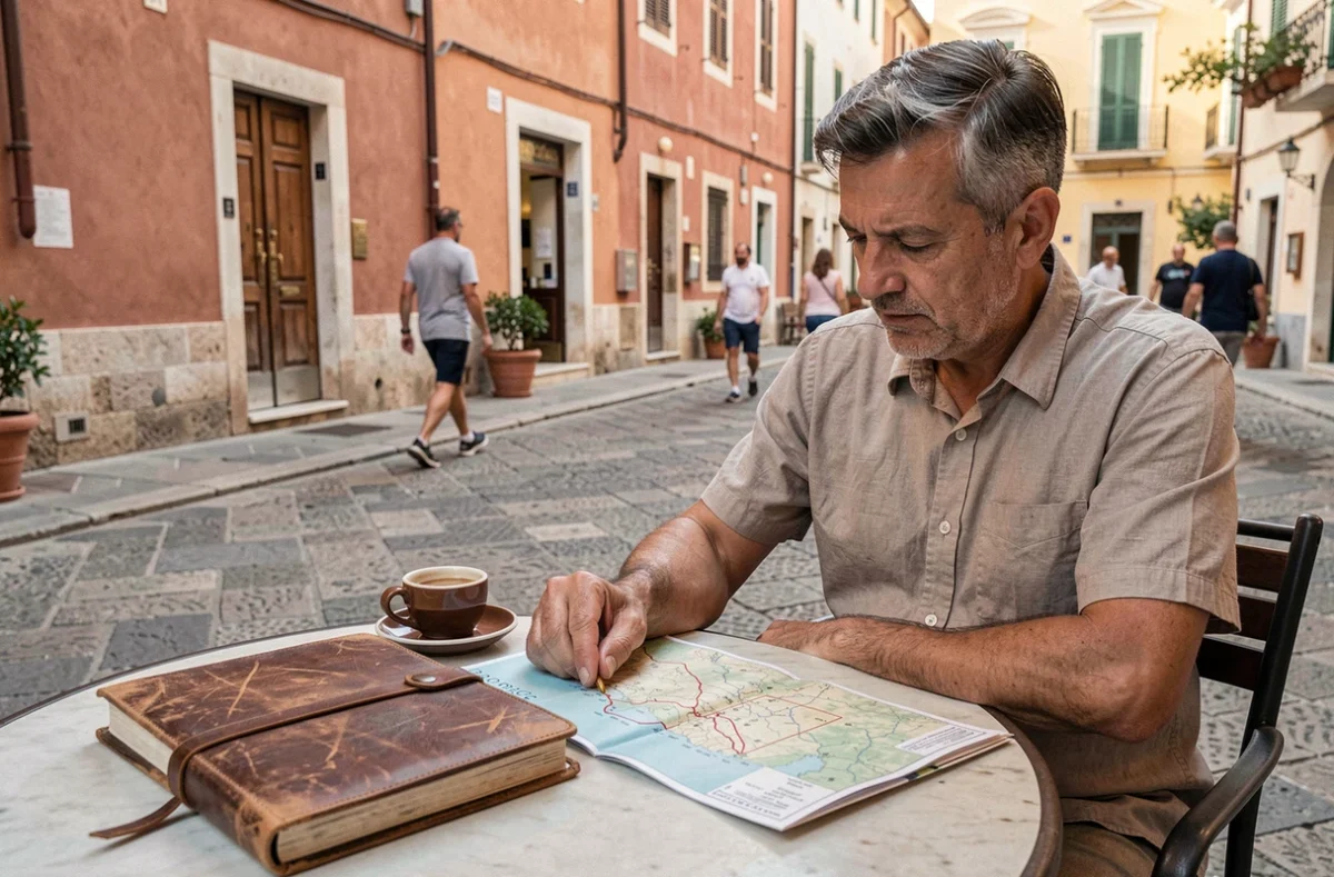 Homme consultant son carnet de route dans un café méditerranéen en plein air
