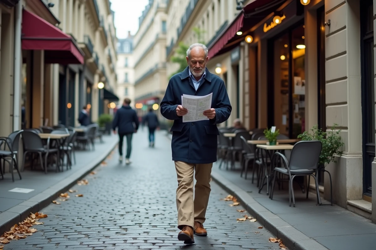 Homme consultant une carte dans une rue pavée de Paris en automne, explorant la ville à pied pour rester en forme