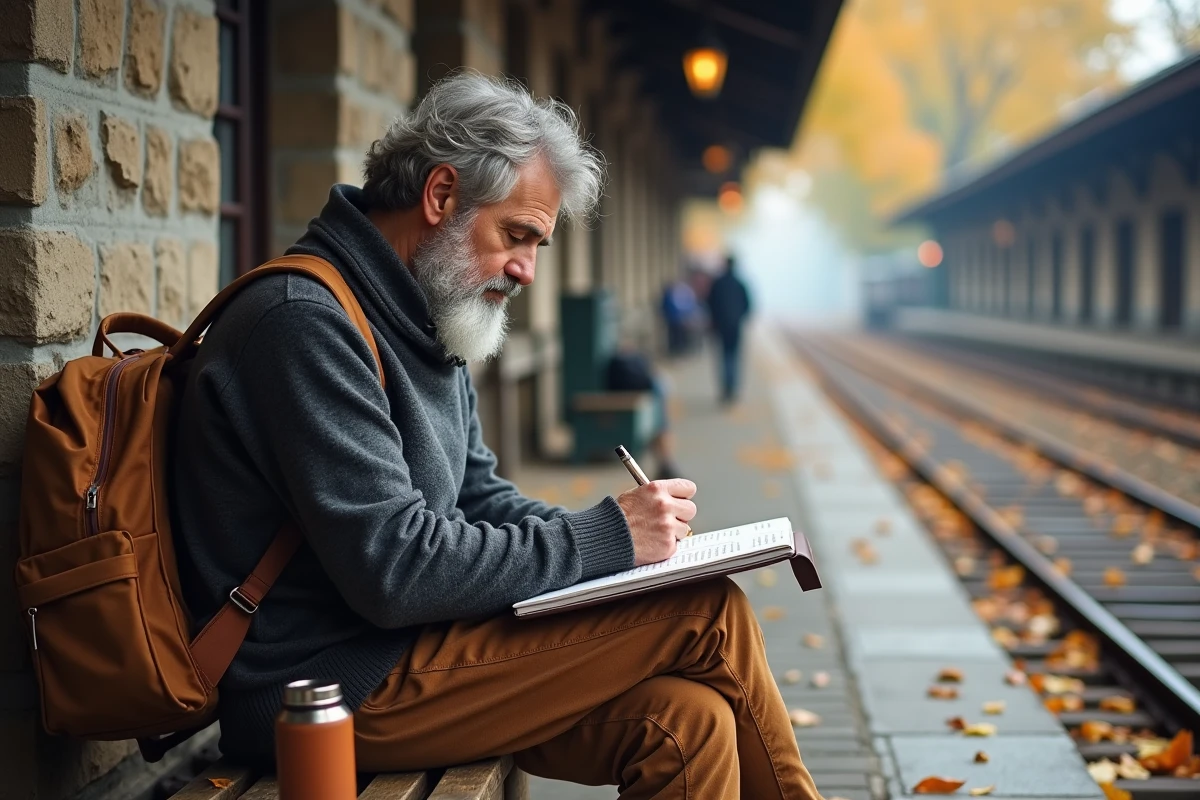 Homme âgé dessinant à la station avec magazine Epershand