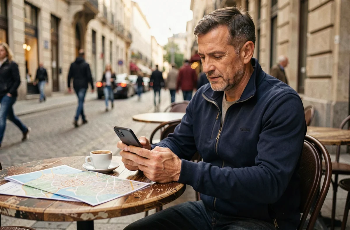 Homme utilisant son smartphone en terrasse de café pour remplir un devis de vacances sur un site de voyage