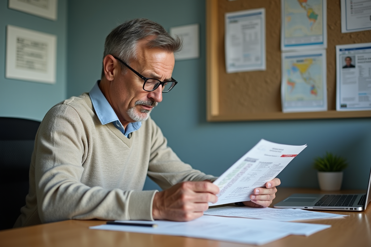 Homme regardant des documents de voyage et permis de conduire au bureau