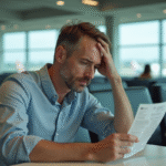 Homme inquiet regardant son billet d'avion à l'aéroport