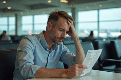 Homme inquiet regardant son billet d'avion à l'aéroport