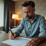 Homme d'âge moyen compare factures dans une chambre d'hôtel