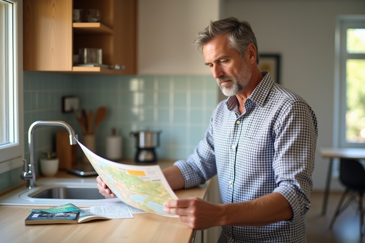 Homme examinant une carte dans une cuisine lumineuse