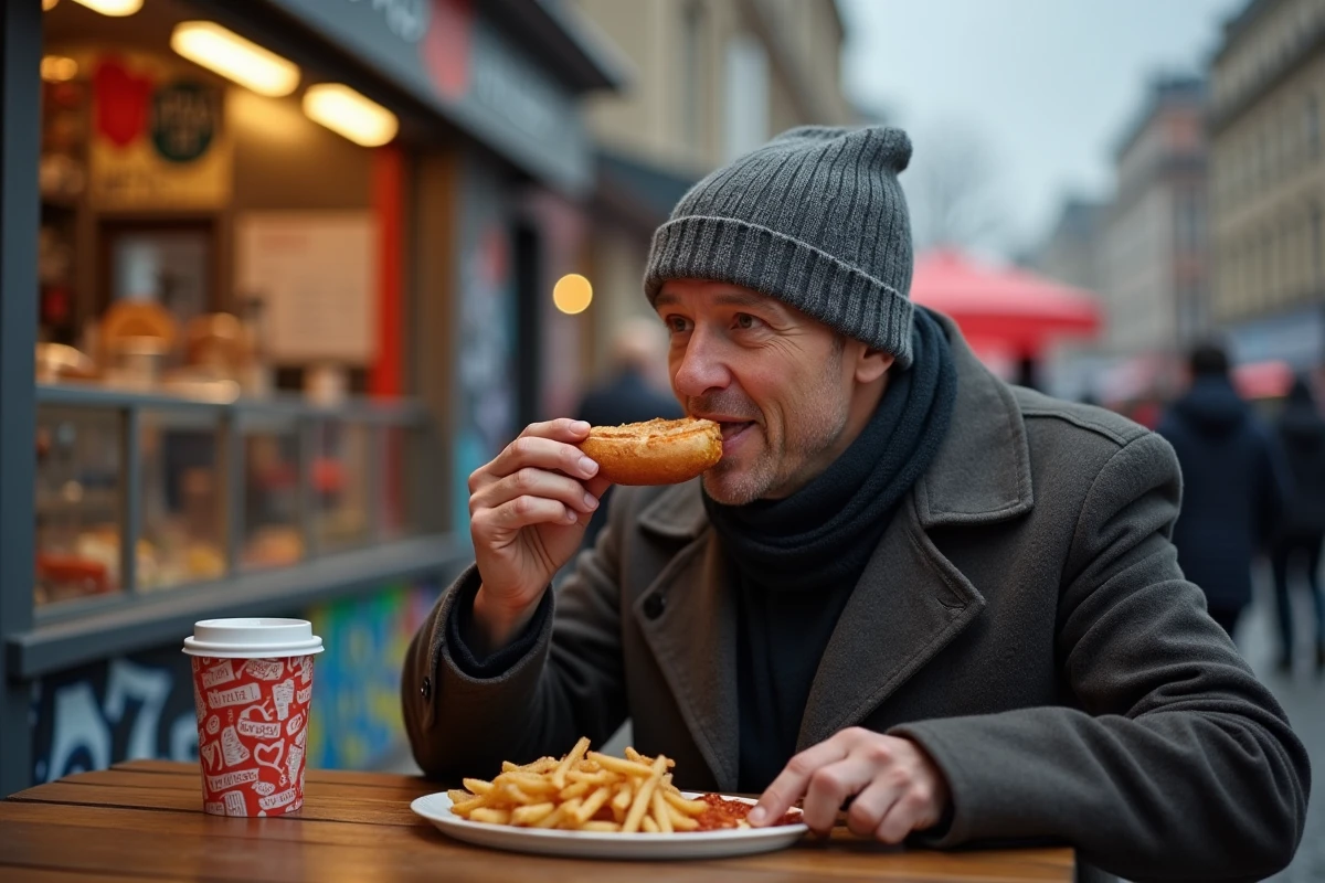 Homme dégustant un currywurst dans une rue de Berlin