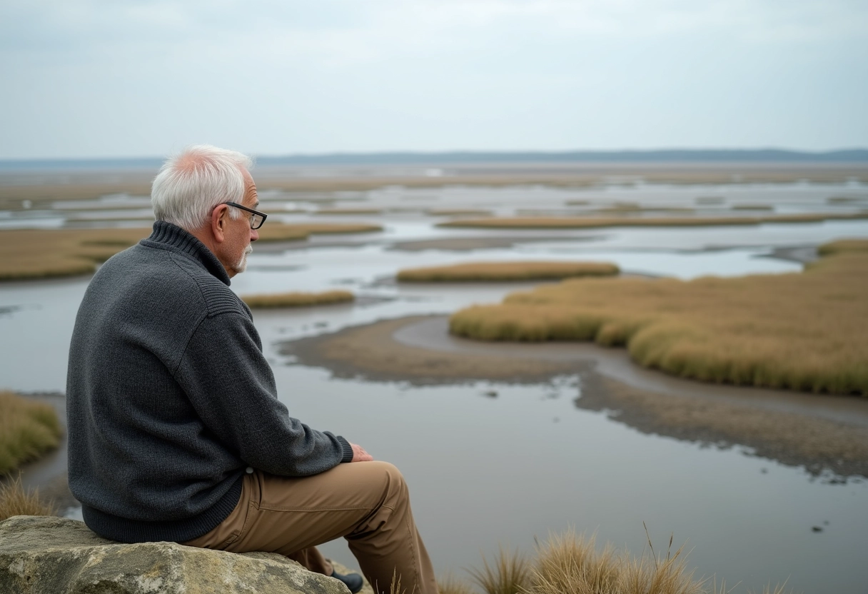 Homme âgé contemplant les marais salants de Ré