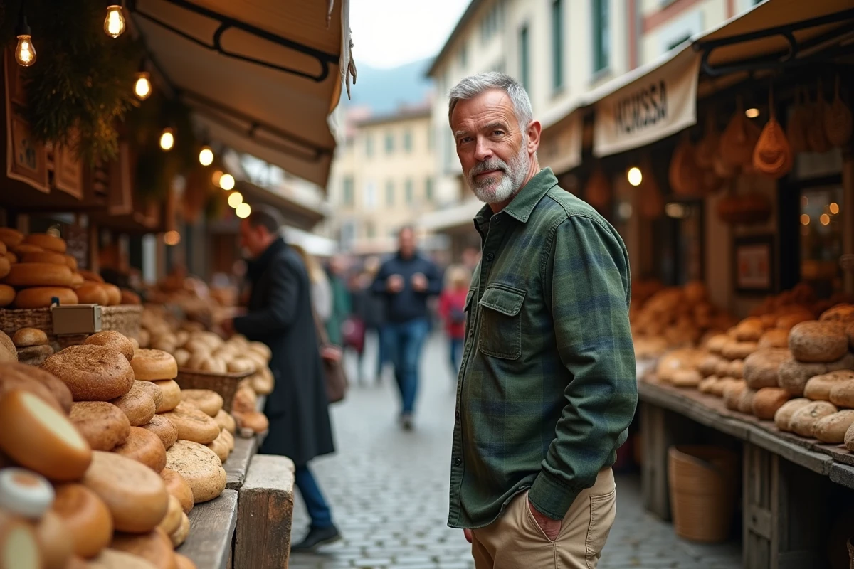 Homme au marché basque découvrant produits artisanaux