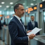 Homme marocain en costume à l'aéroport avec passeport