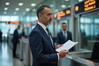 Homme marocain en costume à l'aéroport avec passeport