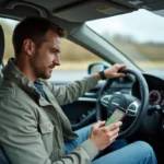 Homme conduisant et utilisant l'application de navigation