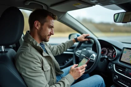 Homme conduisant et utilisant l'application de navigation