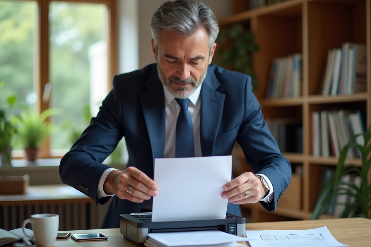 Homme posant un formulaire de douane sur une pile de papiers à la maison
