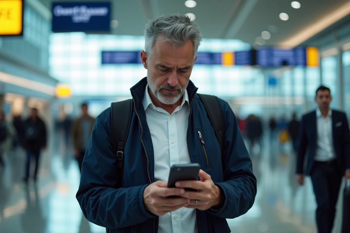 Homme stressé vérifiant sa réservation de vol Air Algérie sur smartphone dans un aéroport