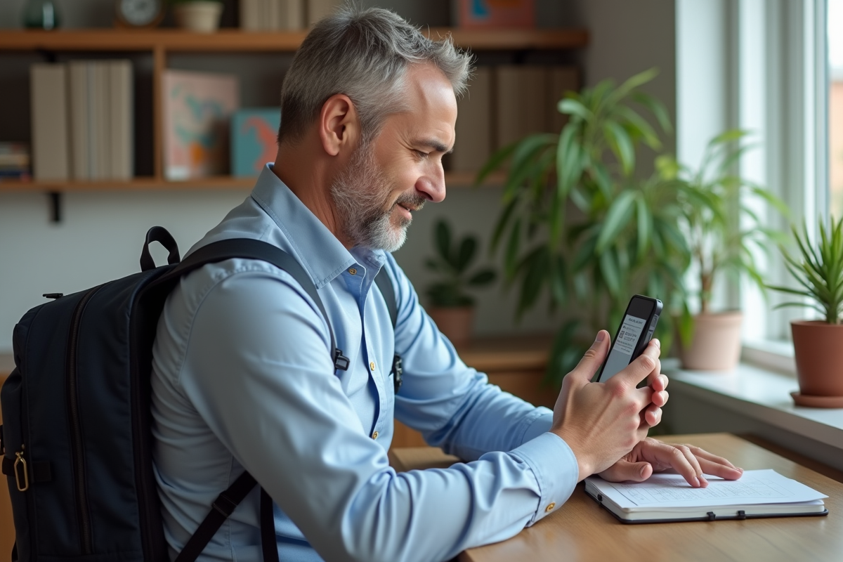 Homme scannant son QR vaccination sur smartphone à la maison