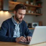 Homme en cardigan travaille sur son ordinateur à la maison