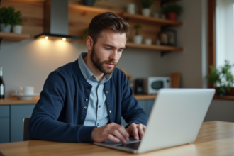 Homme en cardigan travaille sur son ordinateur à la maison