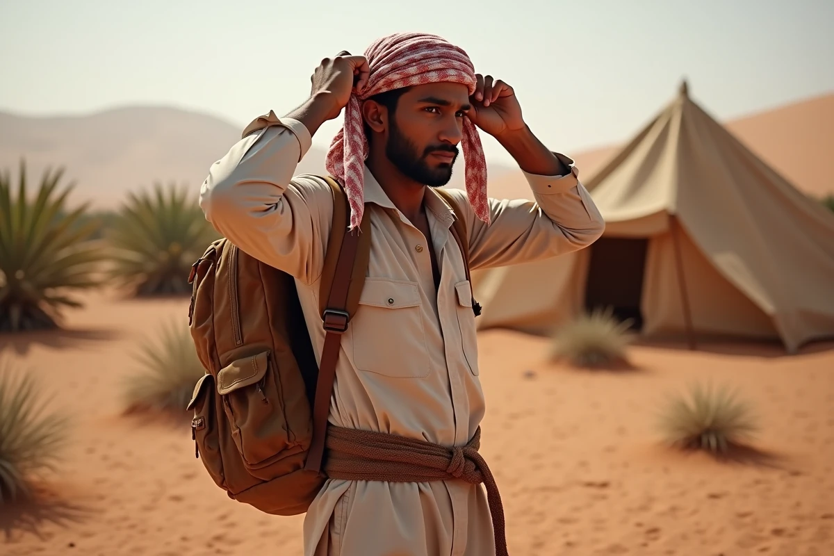 Jeune homme ajustant son foulard pour une excursion à Ksar Ghilane