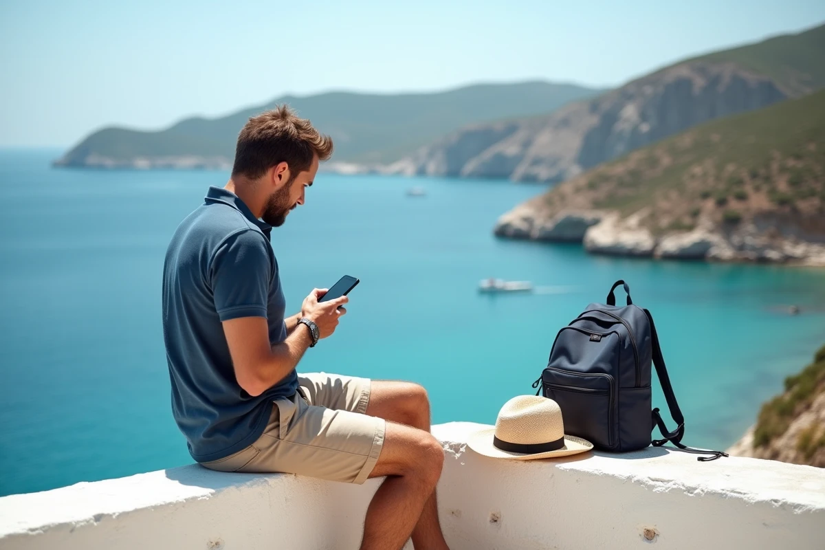 Homme regardant sa checklist face à la côte de Zakynthos