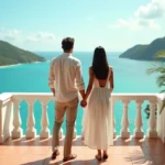Couple sur le balcon d'un hôtel de luxe en Guadeloupe avec vue panoramique sur la mer des Caraïbes