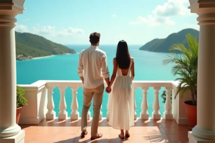 Couple sur le balcon d'un hôtel de luxe en Guadeloupe avec vue panoramique sur la mer des Caraïbes
