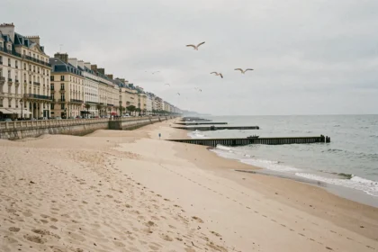 Vue panoramique du littoral des Hauts-de-France avec des hôtels en bord de mer et une plage de sable sous un ciel nuageux