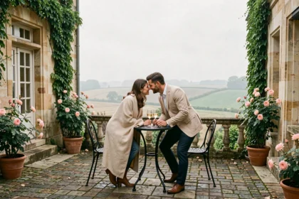 Couple romantique sur la terrasse d'un hôtel de charme dans le Nord de la France, entouré de roses et d'architecture en pierre
