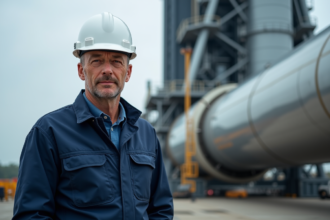 Ingénieur aérospatial près d'une fusée Ariane 6 en extérieur