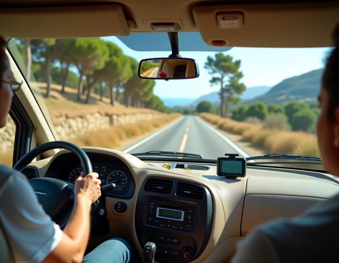 Intérieur de camping-car avec GPS affichant un itinéraire autour de Cassis et vue sur la route provençale vers le Cap Canaille